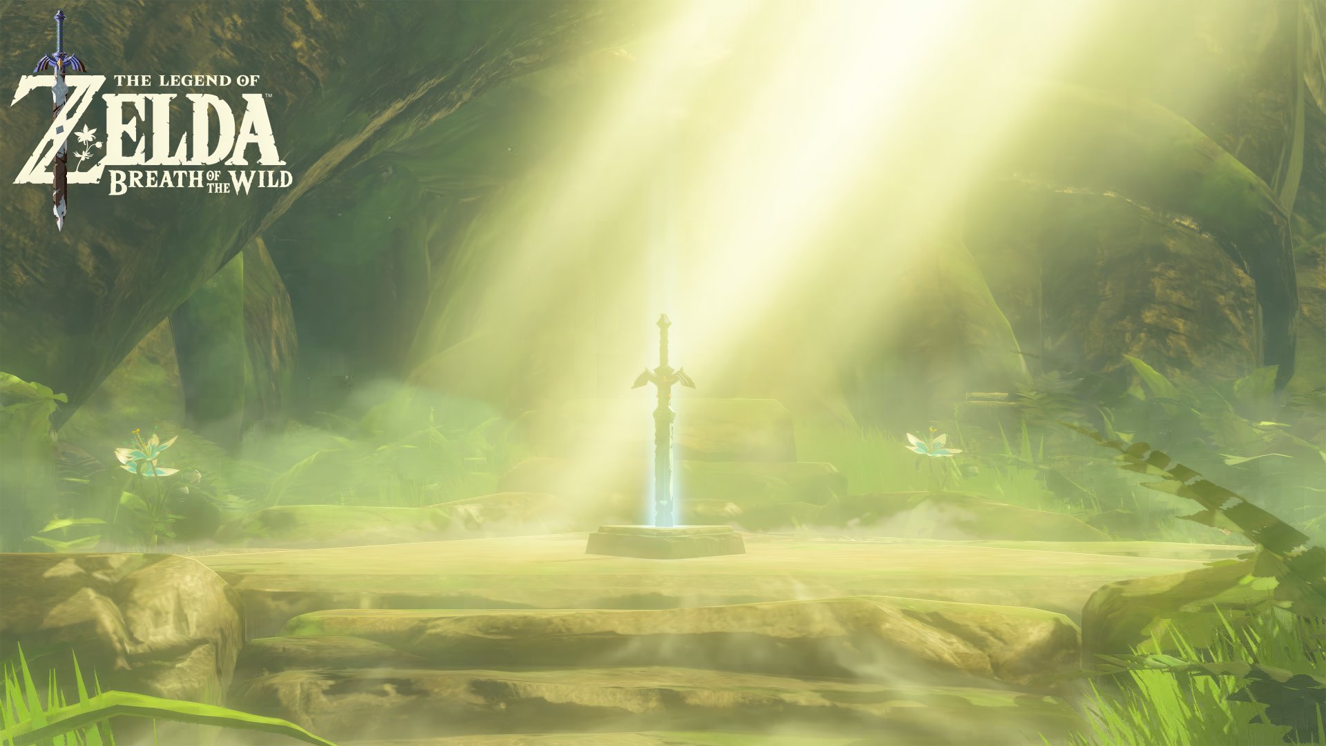 4K Ultra HD PC desktop wallpaper from The Legend of Zelda: Breath of the Wild — the Master Sword glowing on a man-made stone altar in a sunlit forest clearing.