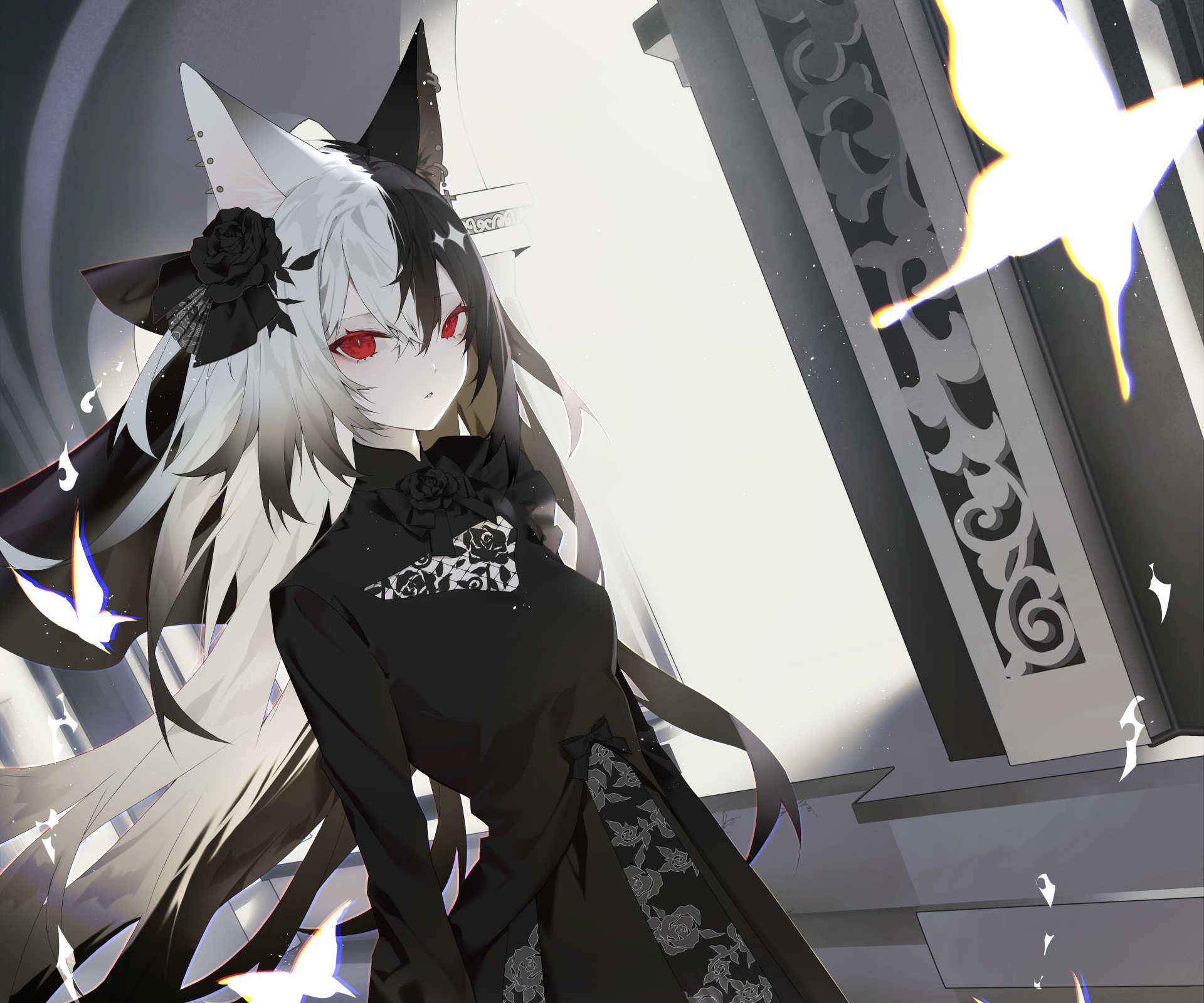 Anime girl with white and black hair, red eyes, and black floral dress stands in a monochrome, detailed setting; a 4K Ultra HD PC desktop wallpaper and background.