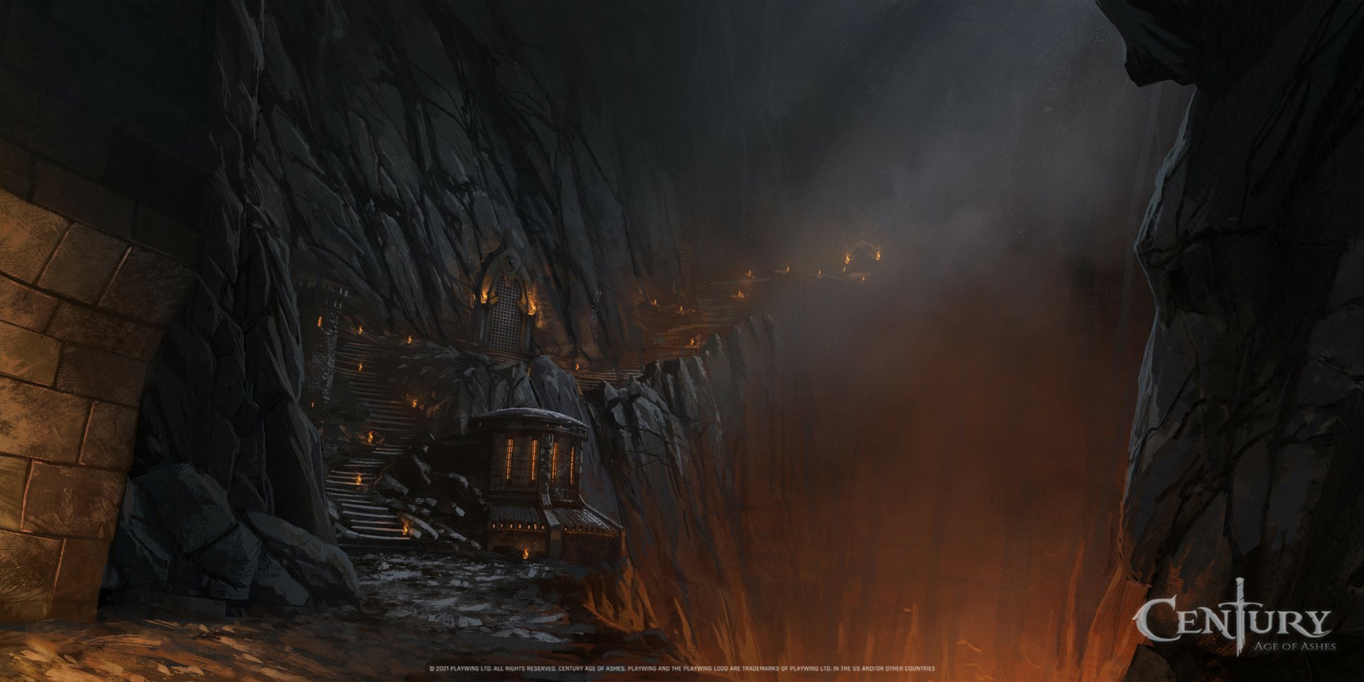 Century: Age of Ashes video game 2K Quad HD PC wallpaper — volcanic cavern fortress with glowing lava chasm, torchlit stone steps and smoky, war-torn atmosphere.