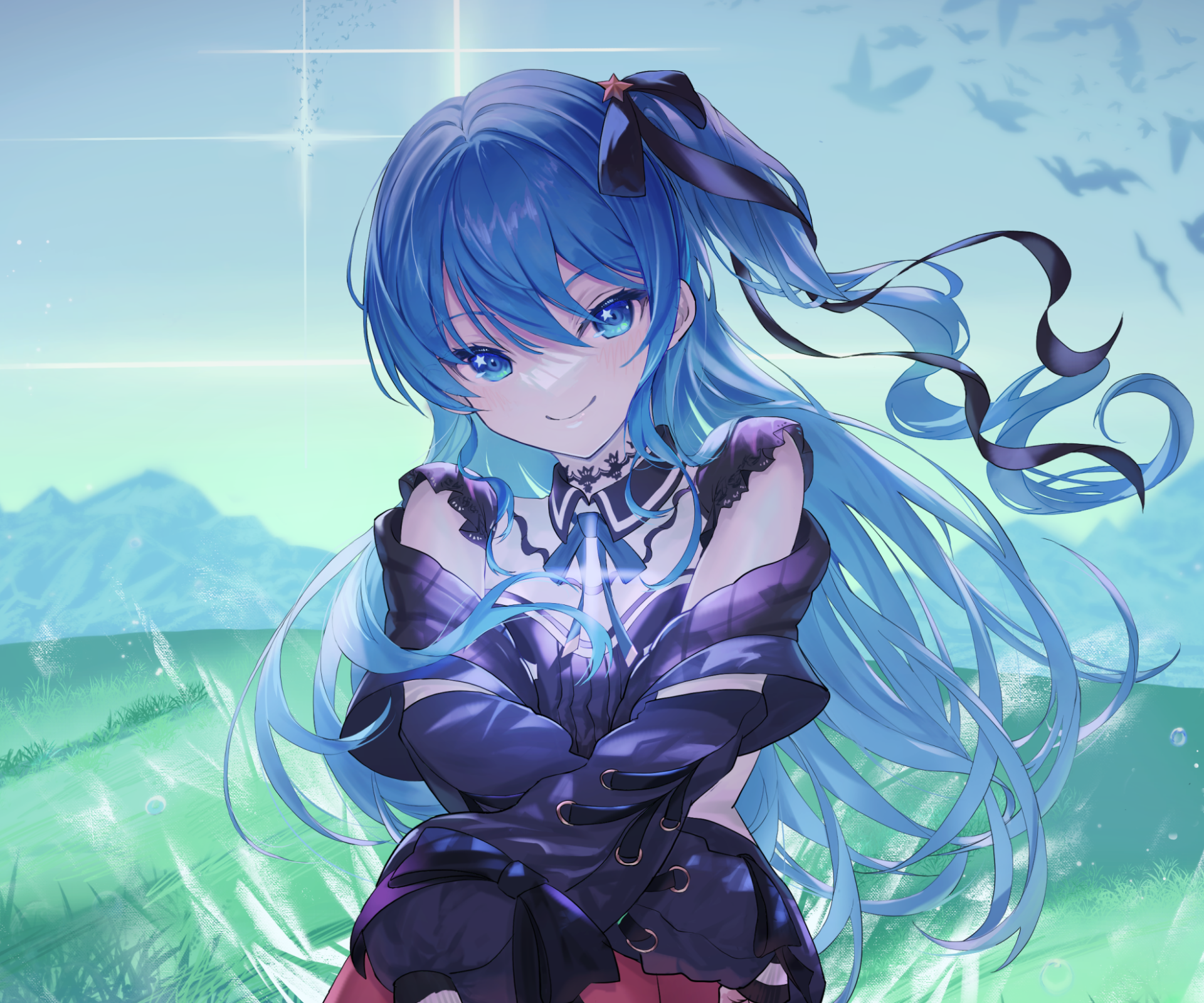 HD PC desktop wallpaper featuring Hoshimachi Suisei, a Virtual YouTuber from hololive, illustrated in vivid anime style with flowing hair and a serene outdoor background.