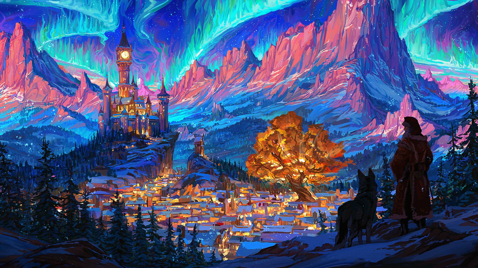 HD fantasy city desktop wallpaper featuring a vibrant, illuminated cityscape with a castle, glowing auroras, and scenic mountains. A cloaked figure and a dog overlook the enchanting scene.