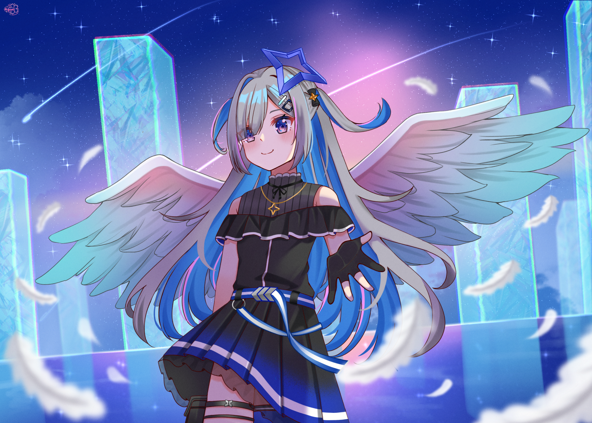HD anime wallpaper featuring Amane Kanata from Hololive as a virtual YouTuber angel with glowing wings, set against a vibrant, celestial background.