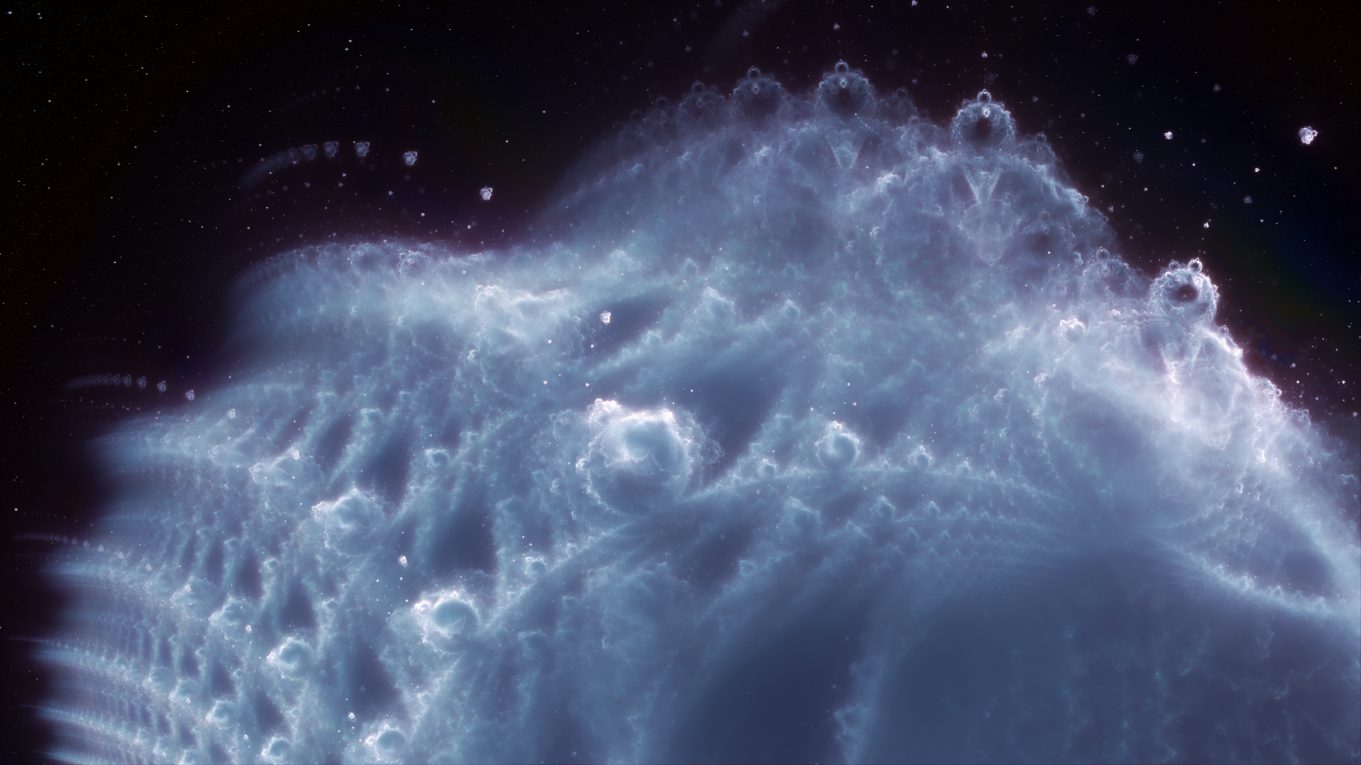 HD desktop wallpaper featuring a captivating blue and white abstract fractal design that resembles an ethereal cosmic wave.