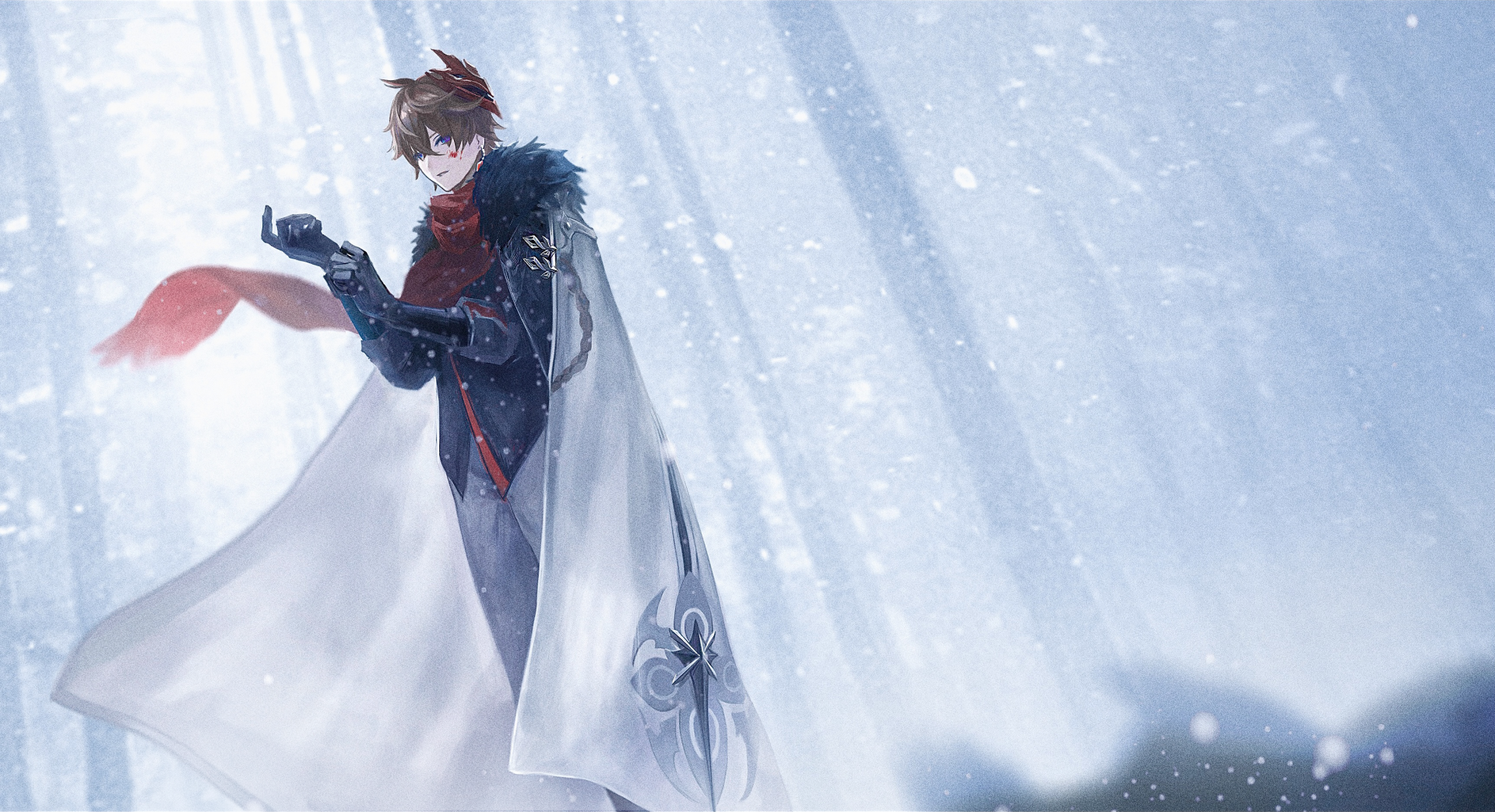 Tartaglia/Childe (Genshin Impact) stands in a snowy forest, red scarf and white cloak billowing — 2K Quad HD PC desktop wallpaper, video game background.