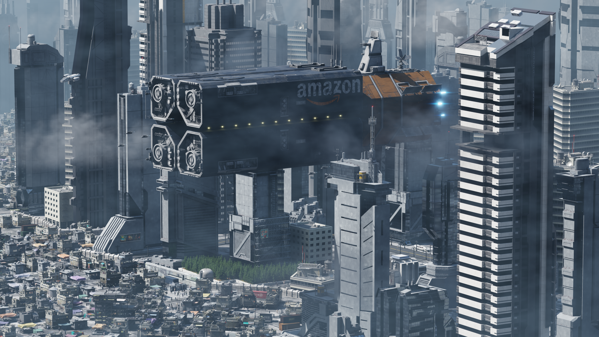 HD wallpaper of a futuristic spaceship branded with Amazon flying between high-rise buildings in a densely populated sci-fi cityscape.