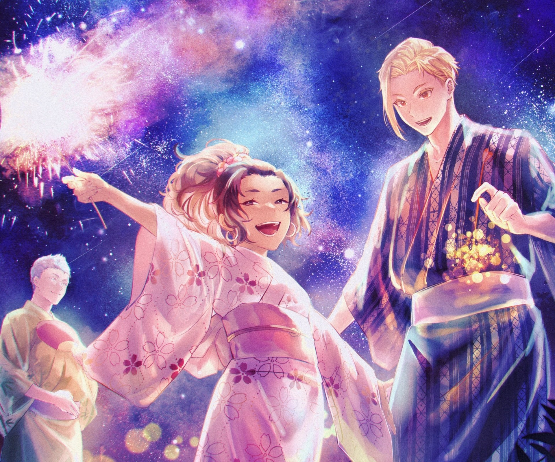 HD PC desktop wallpaper/background from Hell's Paradise: anime characters in yukata laughing beneath fireworks and a shimmering starry sky.