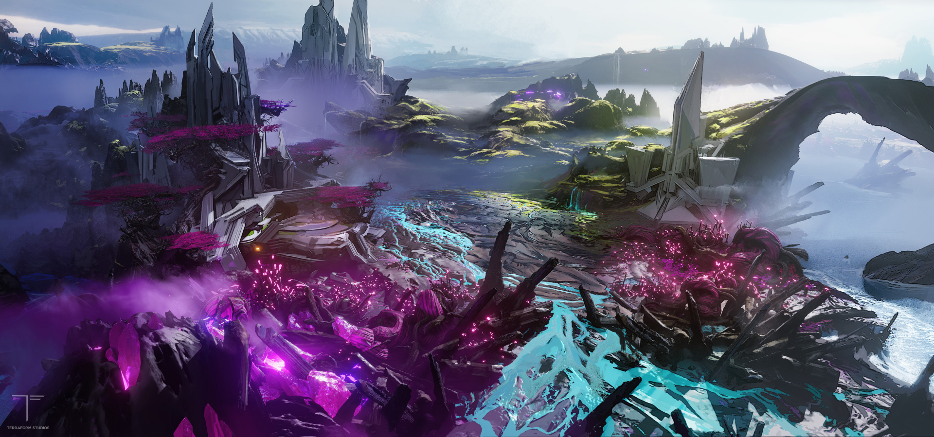 HD fantasy landscape wallpaper featuring a mystical scene with vibrant purple crystals and misty mountainous backdrop under a dusk sky.