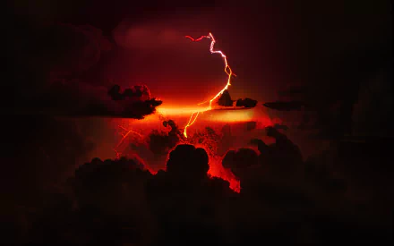 HD PC desktop wallpaper featuring AI art of fiery red clouds, lightning striking through rain, capturing the raw power of nature in a dramatic, intense scene.