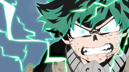 Vibrant 8K Ultra HD wallpaper featuring Izuku Midoriya from My Hero Academia, with intense green lightning effects and a fierce determined expression.