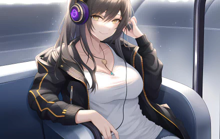 HD anime-style artwork of a girl with headphones, relaxing and enjoying music, designed as a vibrant PC desktop wallpaper background.