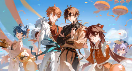 4K Ultra HD Genshin Impact wallpaper featuring characters Zhongli, Xiangling, Tartaglia Childe, Qiqi, and Hu Tao against a bright, vibrant sky background.