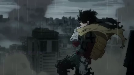 HD desktop wallpaper of Izuku Midoriya from My Hero Academia, standing in the rain with a cityscape background. The scene captures a dramatic and reflective mood with dark clouds overhead.