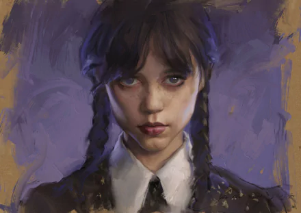 HD PC desktop wallpaper featuring a dark, moody portrait of Wednesday Addams from the TV show Wednesday, capturing her iconic braided hair and solemn expression.