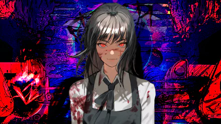 HD anime desktop wallpaper featuring Asa Mitaka from Chainsaw Man, depicted with dark hair, red eyes, and a blood-splattered school uniform against a vivid abstract background.