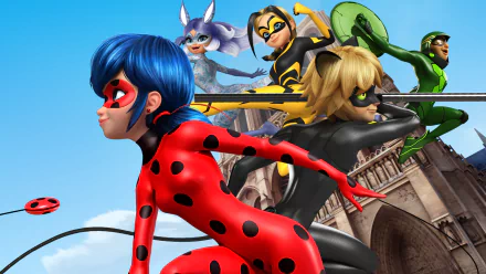 HD desktop wallpaper featuring characters from the TV show Miraculous: Tales of Ladybug & Cat Noir, showcasing Miraculous Ladybug and her team in dynamic action poses.