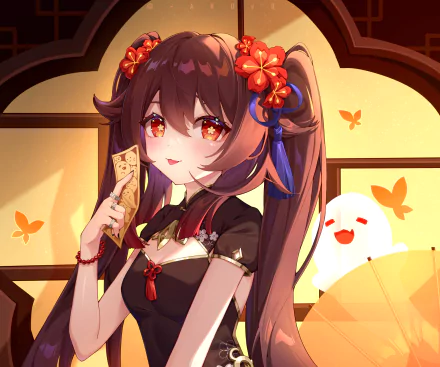 HD PC desktop wallpaper of Hu Tao from the video game Genshin Impact, featuring her holding a talisman with warm, glowing background elements and butterflies.