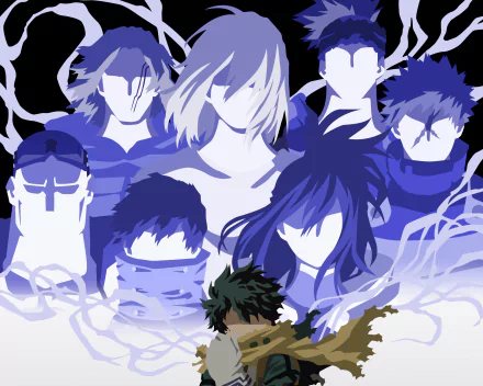 HD PC desktop wallpaper featuring Izuku Midoriya from My Hero Academia, surrounded by stylized shadowy figures in a dynamic anime-inspired design.
