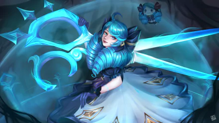 Gwen (League of Legends) in flowing blue gown wielding glowing thread-like scissors, dynamic HD PC desktop wallpaper/background artwork from the League of Legends video game.
