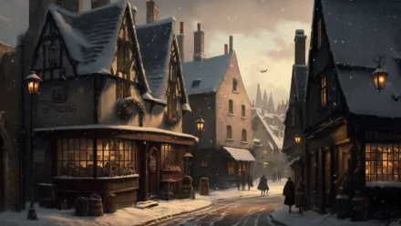 HD PC desktop wallpaper featuring a snowy village scene from Hogwarts Legacy, capturing the magical fantasy world of Harry Potter with warm lights and detailed architecture.