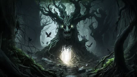 Dark, enchanted forest scene featuring a menacing, glowing-eyed tree creature, inspired by fantasy themes from Hogwarts Legacy and Harry Potter, rendered as HD AI art.