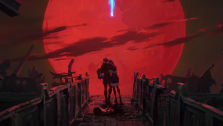 4K Ultra HD wallpaper depicting Caitlyn and Vi from the Arcane TV show, set against a dramatic red moon backdrop from the League of Legends universe.