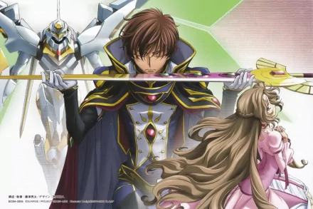 A stunning HD wallpaper featuring Nunnally Lamperouge and Suzaku Kururugi from Code Geass, showcasing their dramatic poses against a vibrant background.