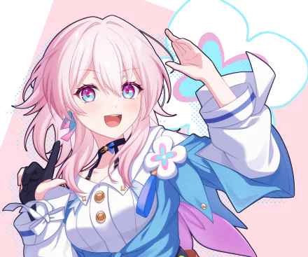 HD desktop wallpaper featuring March 7th from the video game Honkai: Star Rail with vibrant colors and cheerful expression.