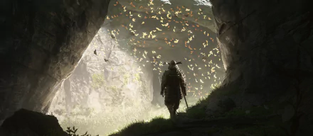 Fantasy-themed HD PC desktop wallpaper showing a lone samurai standing at a cave entrance, surrounded by glowing butterflies under soft, diffused light.