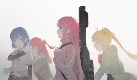 4K Ultra HD anime wallpaper featuring Ikuyo Kita, Ryou Yamada, Hitori Gotou, and Nijika Ijichi from Bocchi the Rock! against a soft, light background.