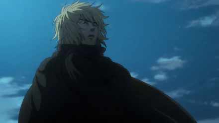 Thorfinn from Vinland Saga is depicted in this 8K Ultra HD anime wallpaper, set against a dark, cloudy night sky.
