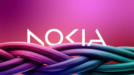 4K Ultra HD desktop wallpaper featuring intertwined cables with the Nokia logo against a gradient pink and purple background, highlighting technology and connectivity.