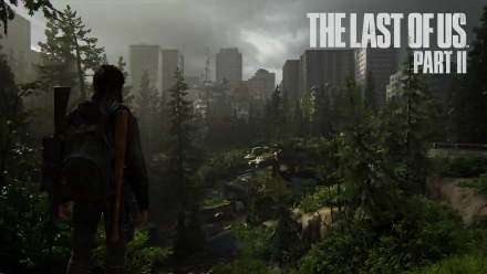 Ellie from The Last of Us Part II stands on a cliff overlooking a post-apocalyptic cityscape, captured in a high-definition PC desktop wallpaper.