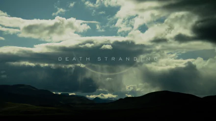 HD PC desktop wallpaper featuring a dramatic cloudy sky with light rays and the title Death Stranding centered, inspired by the video game.