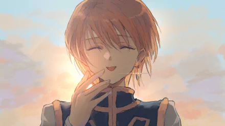 HD anime desktop wallpaper featuring Kurapika from Hunter × Hunter, showcasing a serene expression against a soft, pastel sky background.