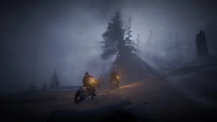 A cowboy on horseback and a dog traverse a snowy, foggy landscape in a winter scene from the video game Red Dead Redemption 2, shown in HD on a PC desktop wallpaper.