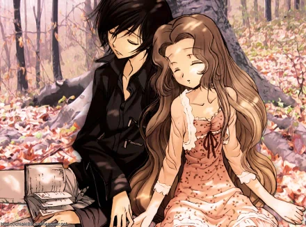 Nunnally and Lelouch Lamperouge sit together in a serene autumn setting, surrounded by fallen leaves, capturing a poignant moment from the anime Code Geass. HD wallpaper.