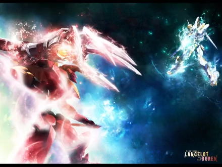 HD anime desktop wallpaper featuring Lancelot and Guren mechas from Code Geass in a vibrant, dynamic space battle scene.