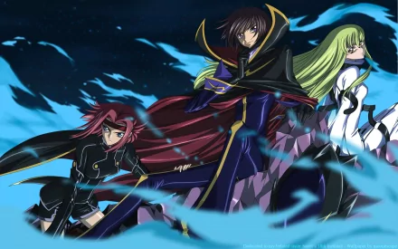 HD wallpaper featuring Lelouch Lamperouge, Kallen Kōzuki, and C.C. from Code Geass, set against a dramatic, swirling blue backdrop.