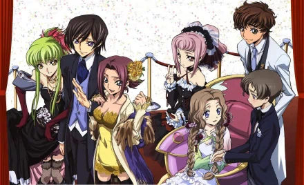 HD anime desktop wallpaper featuring Suzaku Kururugi, Rolo Lamperouge, Nunnally Lamperouge, Anya Alstreim, Lelouch Lamperouge, Kallen Kōzuki, and C.C. from Code Geass.