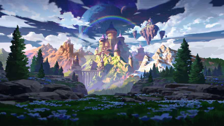 Fantasy HD PC desktop wallpaper: majestic castle on sunlit cliffs with floating islands and a rainbow, framed by jagged mountains, pine trees and a flower-strewn meadow.
