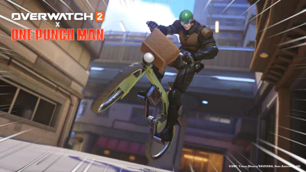 HD desktop wallpaper featuring Mumen Rider from One Punch Man in a crossover with Overwatch 2, riding his bike dynamically through an urban landscape.