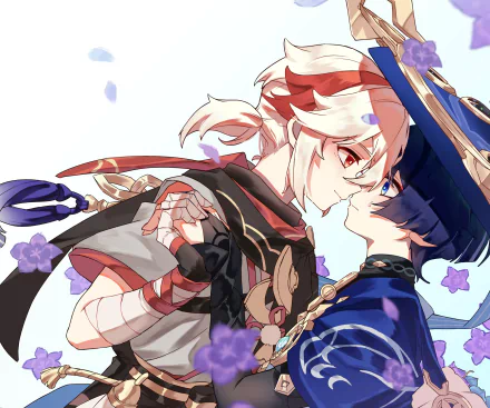 HD PC desktop wallpaper featuring Scaramouche and Kaedehara Kazuha from the video game Genshin Impact, with soft floral accents and close character interaction.