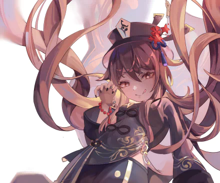 HD PC desktop wallpaper of Hu Tao from the video game Genshin Impact, portrait with flowing hair, red-and-black outfit, playful smile and ghostly lantern accents.