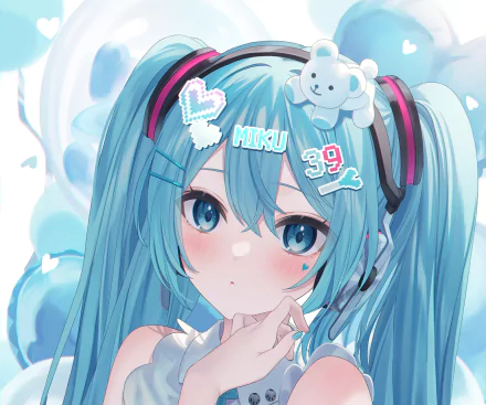 HD anime wallpaper featuring Vocaloid Hatsune Miku with long turquoise twin-tails, expressive blue eyes, and decorative hair accessories in a soft, pastel color palette.