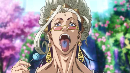 HD PC desktop wallpaper showing a Record of Ragnarok anime character with silver hair and gold glasses, mouth open revealing a blue tongue, holding a lollipop against a floral bokeh background.