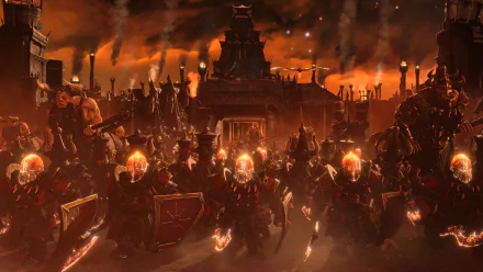 Video game 4K Ultra HD PC wallpaper and background for Total War: Warhammer III: an infernal army of armored warriors with flaming helmets advancing before a burning, smoke-filled city.