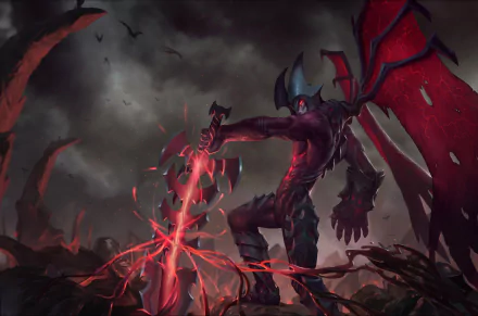 Aatrox from League of Legends stands wielding a glowing red sword amidst a dark, stormy landscape in this 8K Ultra HD PC desktop wallpaper.