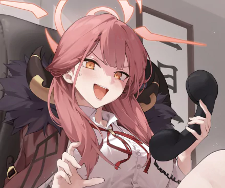 HD PC desktop wallpaper featuring Rikuhachima Aru from the video game Blue Archive, showcasing vibrant anime-style art and dynamic expression.