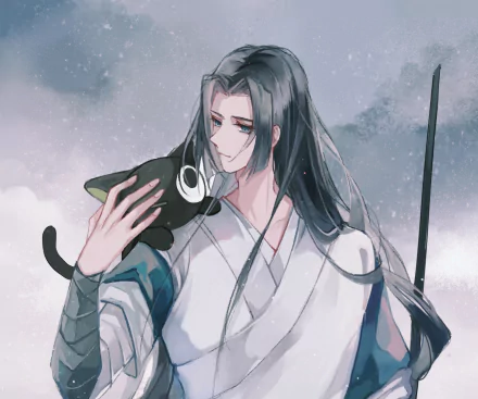Anime HD PC wallpaper: Luo Xiaohei from The Legend of Hei — a long-haired, white-robed figure gently cradles the black cat spirit against a snowy pastel sky, a staff resting nearby.