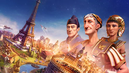 HD wallpaper featuring Civilization VI game leaders with Eiffel Tower and cityscape for desktop background.